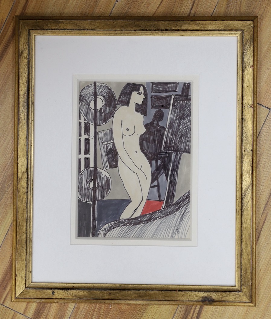 Sidney Horne Shepherd (1909–1993), ink and watercolour, Female nude in a studio, signed, 26 x 19cm